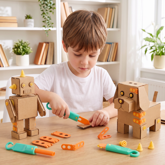Safe 100-Piece STEM Cardboard Construction Kit with Tool Set for Kids