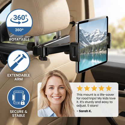 360° Rotating Car Headrest Tablet Holder – Back Seat Mount for Tablets