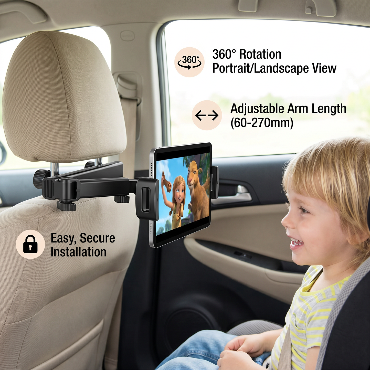 360° Rotating Car Headrest Tablet Holder – Back Seat Mount for Tablets