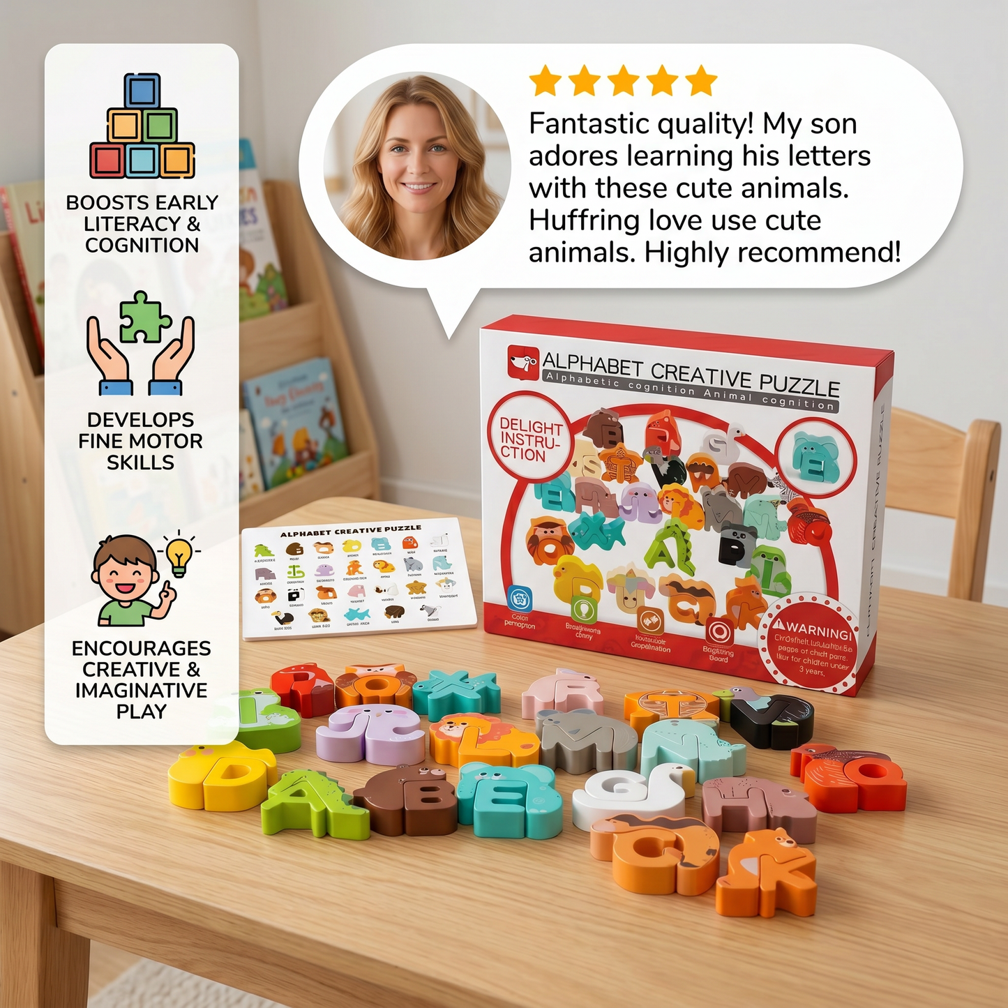 wooden animal alphabet puzzle - A to Z learning toy for kids