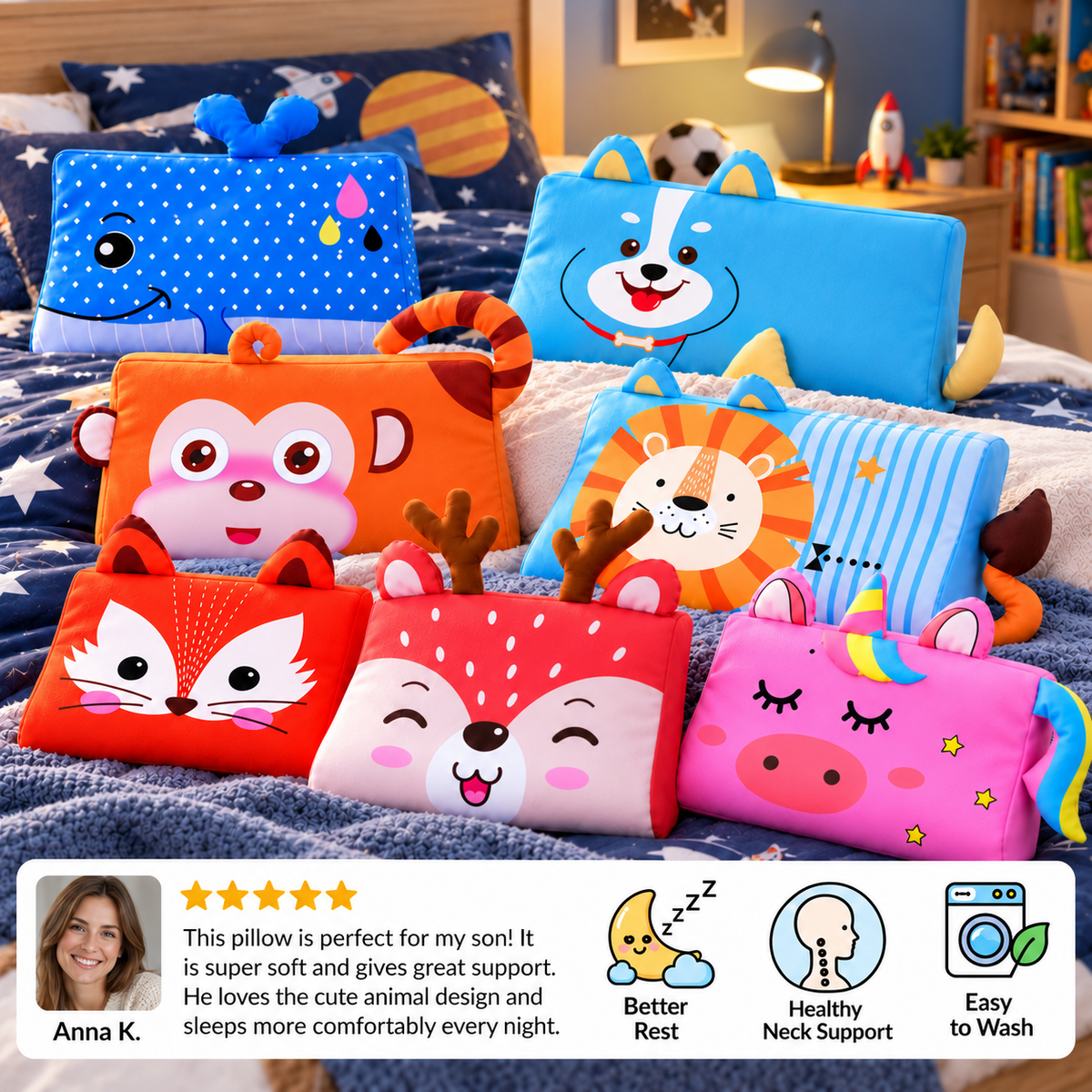 Calming Ergonomic Kids’ Pillow with Cartoon Animal Pillowcase