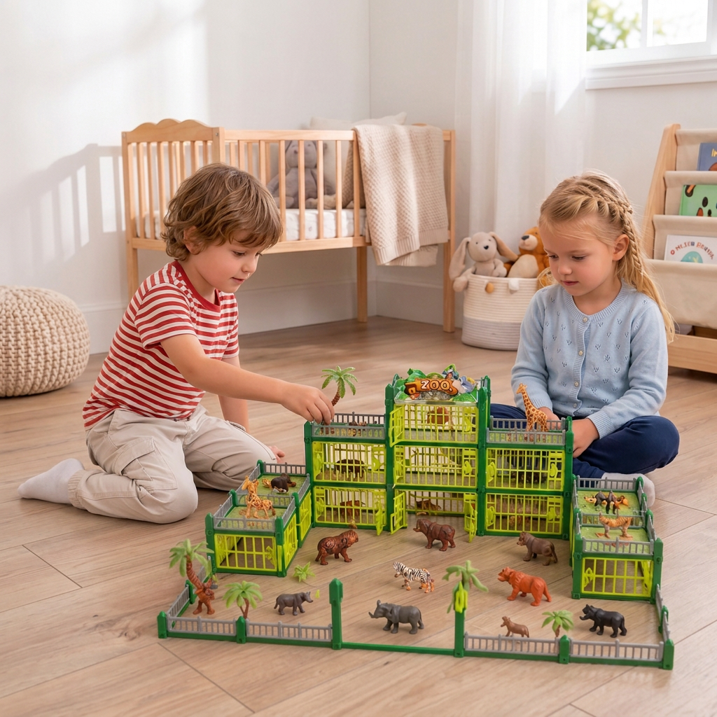 Modular Build-Your-Own Zoo Playset with Animal Figures & Interactive Cages