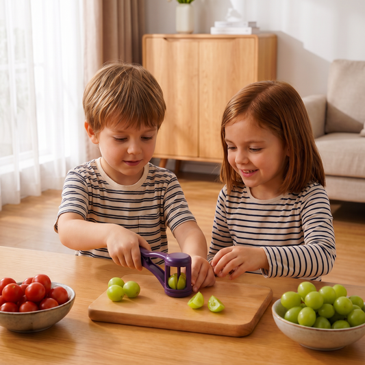 Stainless Steel Grape & Cherry Tomato Cutter – Safe One-Press Quarter Slicer for Toddlers & Kids