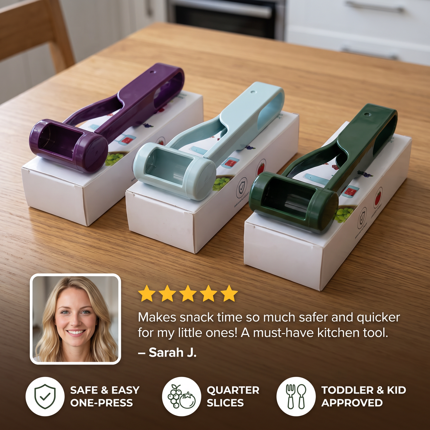 Stainless Steel Grape & Cherry Tomato Cutter – Safe One-Press Quarter Slicer for Toddlers & Kids