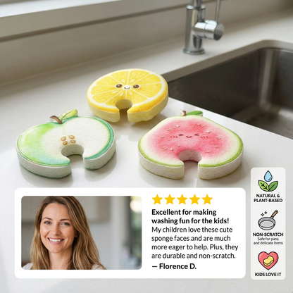 Fruit-Shaped Pop-Up Cellulose Sponges – 3-Pack of Plant-Based, Non-Scratch Kitchen Sponges