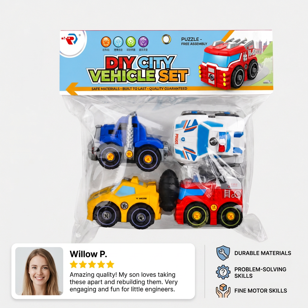 4-Piece DIY Take-Apart City Vehicle Set with Toy Drill