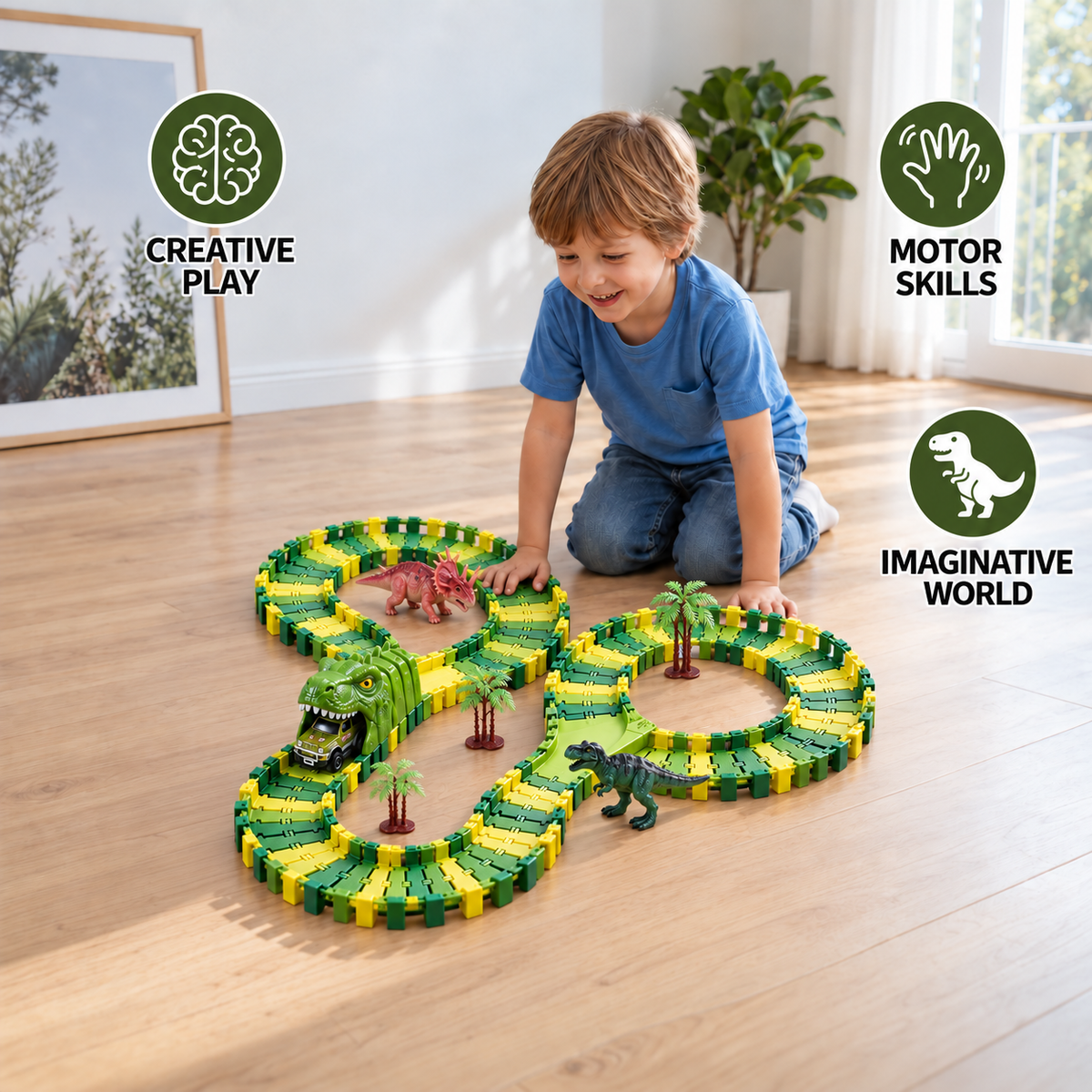 215-Piece Dinosaur Race Track Set with Motorized Cars, Bridge & Dinosaur Figures