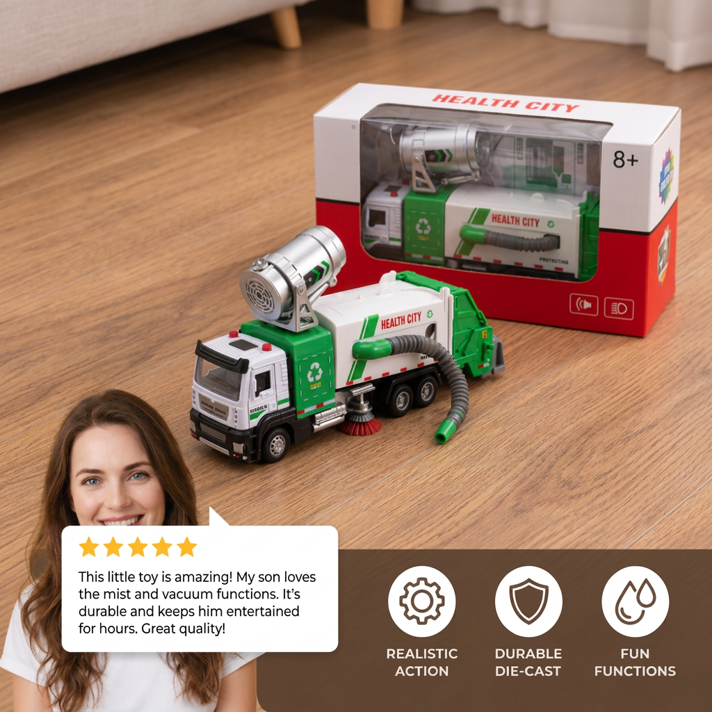Die-Cast Street Sweeper Toy Truck with Vacuum Hose & Mist Spray