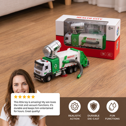Die-Cast Street Sweeper Toy Truck with Vacuum Hose & Mist Spray