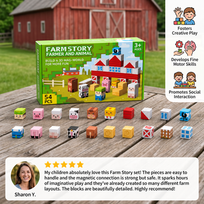 Farm Story Magnetic Building Blocks Travel Playset with Animals & Barn