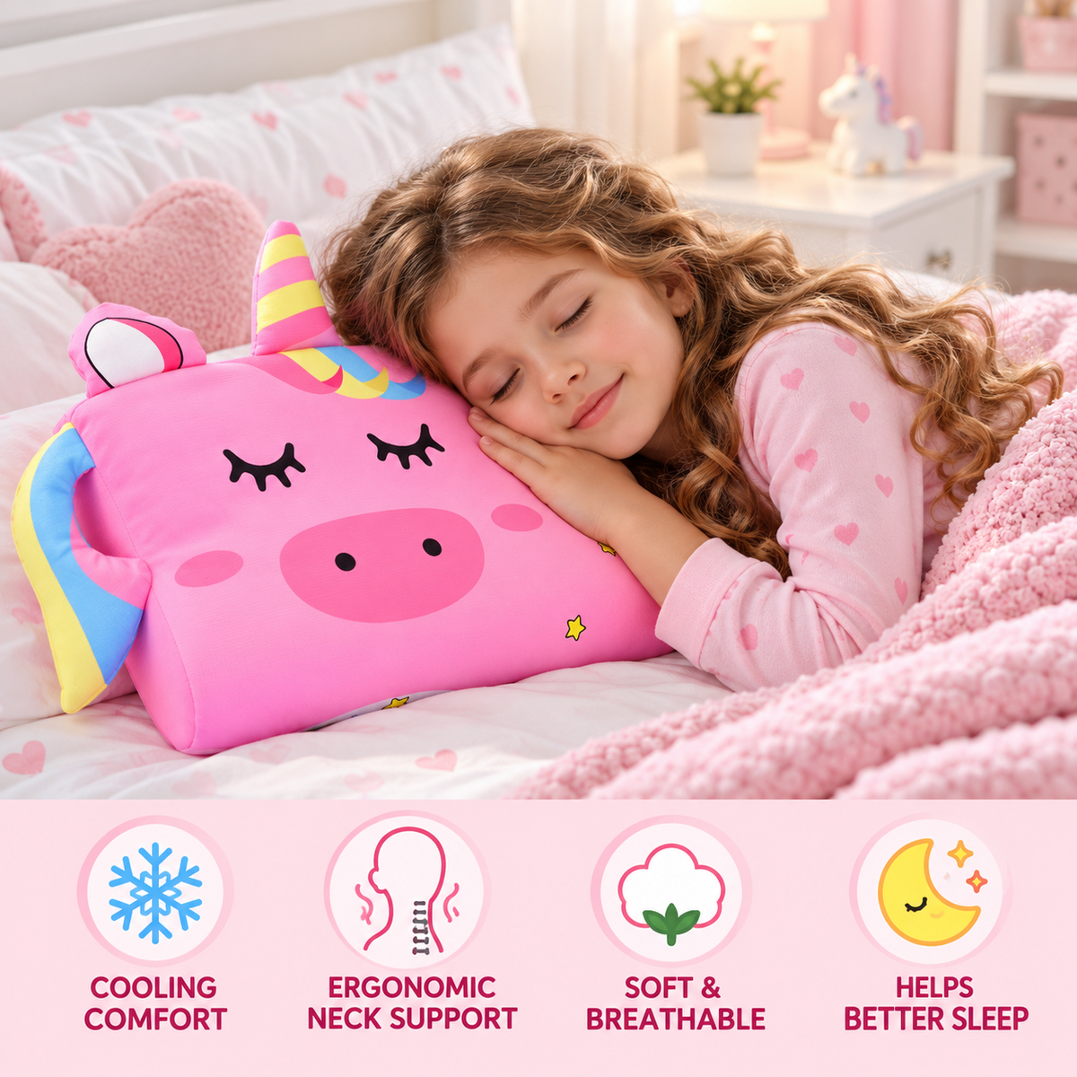 Calming Ergonomic Kids’ Pillow with Cartoon Animal Pillowcase