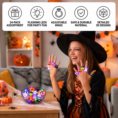 24-Pack Flashing LED Halloween Rings for Kids’ Party Favors & Treat Bags