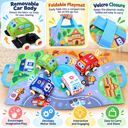 Soft Plush Pull-Back Car Set with 2-in-1 Play Mat & Storage Bag