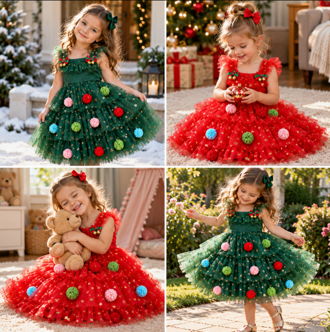 Girls’ Christmas Tutu Dress with Pom-Poms, Sequin Stars & Ruffled Sleeves