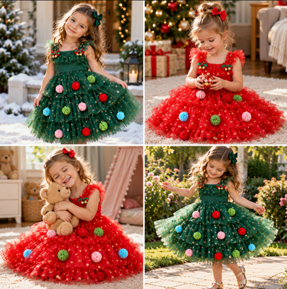Girls’ Christmas Tutu Dress with Pom-Poms, Sequin Stars & Ruffled Sleeves