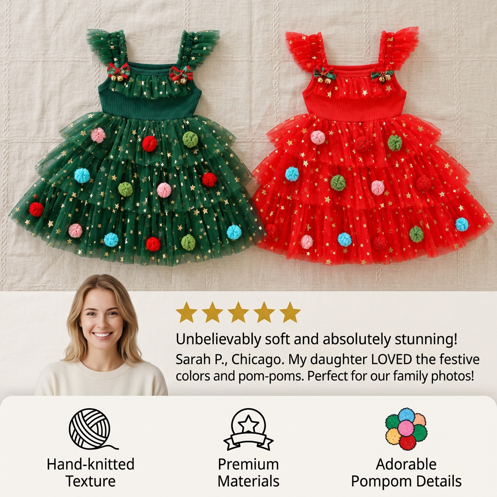 Girls’ Christmas Tutu Dress with Pom-Poms, Sequin Stars & Ruffled Sleeves