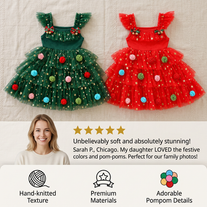 Girls’ Christmas Tutu Dress with Pom-Poms, Sequin Stars & Ruffled Sleeves