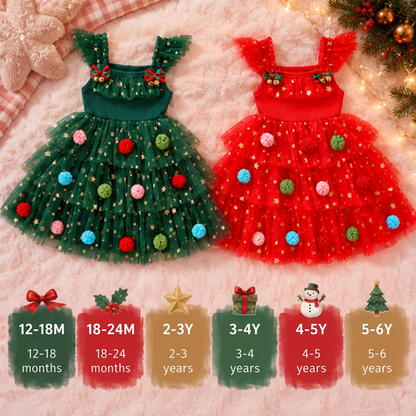 Girls’ Christmas Tutu Dress with Pom-Poms, Sequin Stars & Ruffled Sleeves
