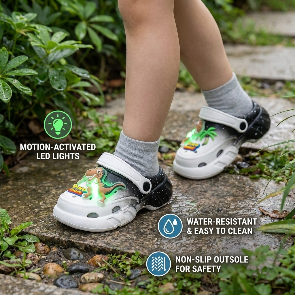 Kids’ LED Dinosaur Clogs – Light-Up Non-Slip Summer Garden & Beach Shoes