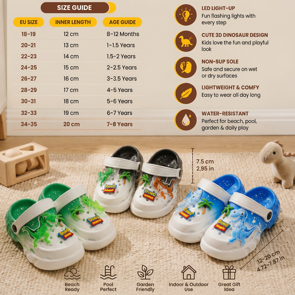 Kids’ LED Dinosaur Clogs – Light-Up Non-Slip Summer Garden & Beach Shoes