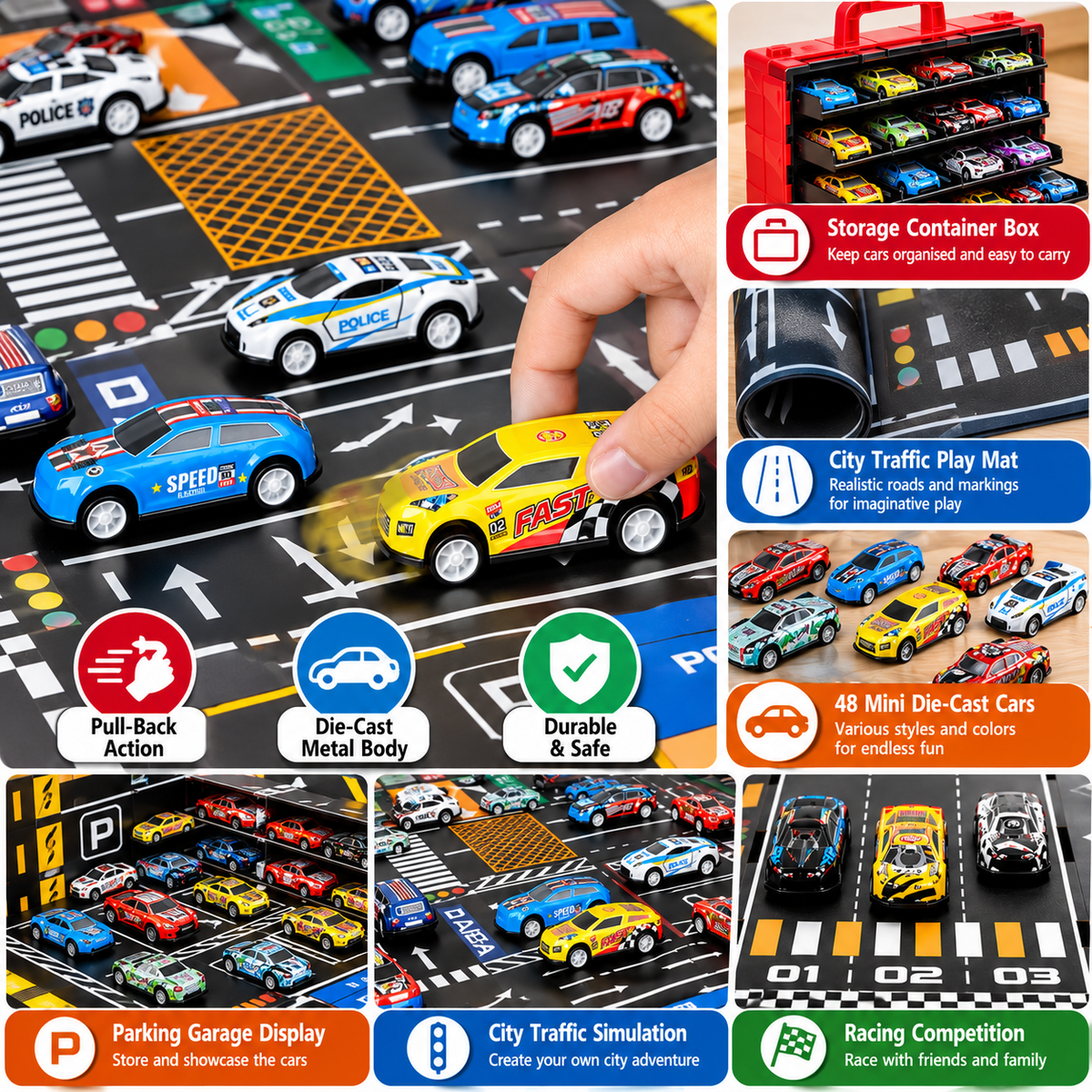 48-Piece Mini Die-Cast Pull-Back Car Set with Storage Container Box