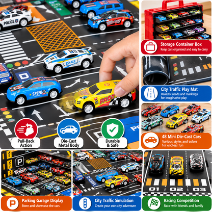 48-Piece Mini Die-Cast Pull-Back Car Set with Storage Container Box