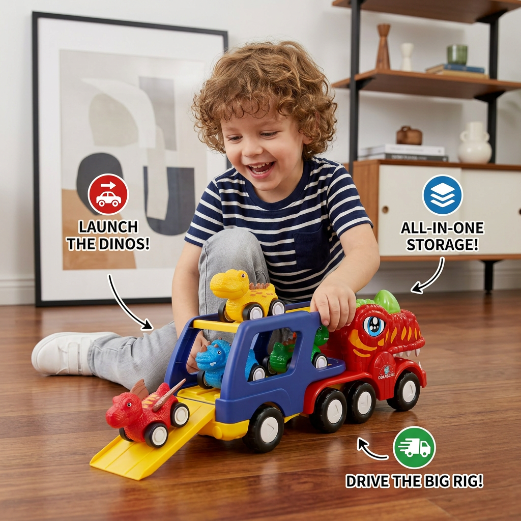 Dinosaur Transport Truck Toy Set with Mini Dino Cars
