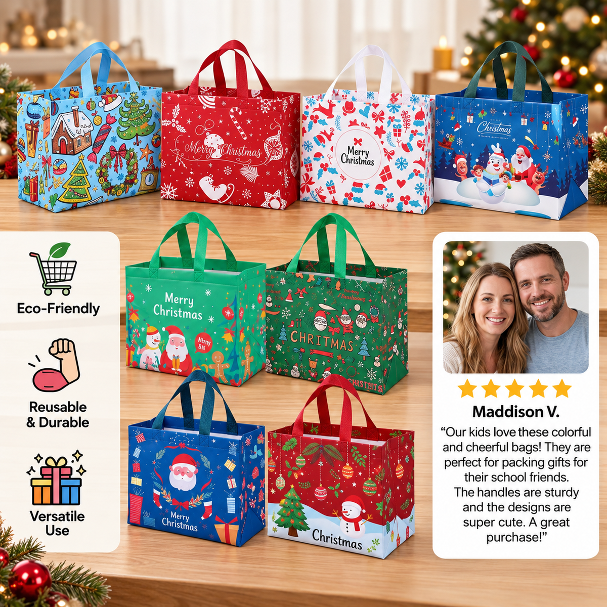 Reusable Christmas Gift Bags with Handles – Assorted Holiday Designs