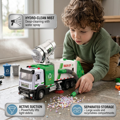 Die-Cast Street Sweeper Toy Truck with Vacuum Hose & Mist Spray