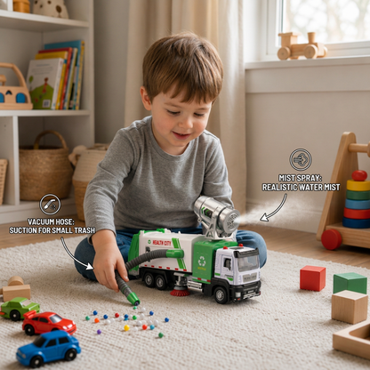 Die-Cast Street Sweeper Toy Truck with Vacuum Hose & Mist Spray