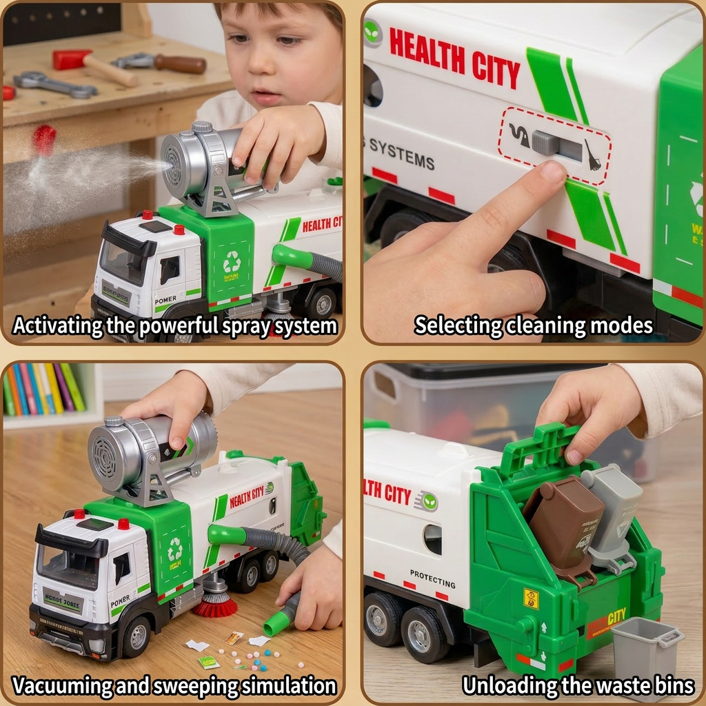 Die-Cast Street Sweeper Toy Truck with Vacuum Hose & Mist Spray