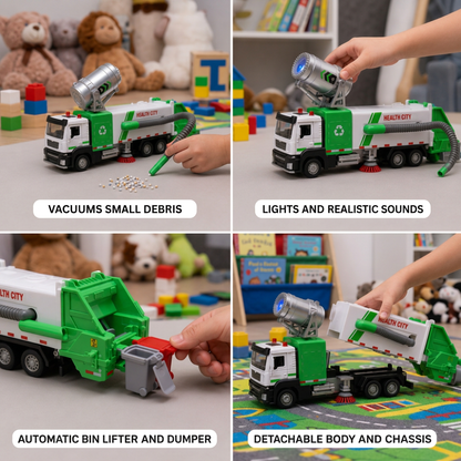 Die-Cast Street Sweeper Toy Truck with Vacuum Hose & Mist Spray
