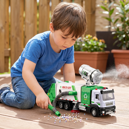 Die-Cast Street Sweeper Toy Truck with Vacuum Hose & Mist Spray