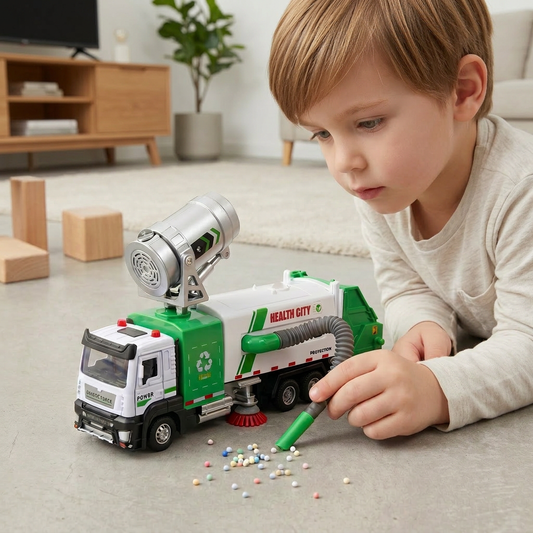 Die-Cast Street Sweeper Toy Truck with Vacuum Hose & Mist Spray