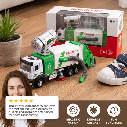 Die-Cast Street Sweeper Toy Truck with Vacuum Hose & Mist Spray