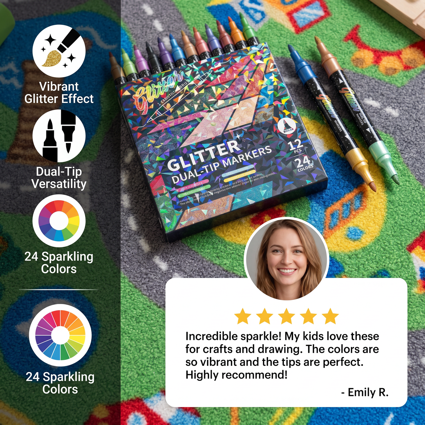 Glitter Brush Marker Set – Dual-Tip Sparkling Art Markers