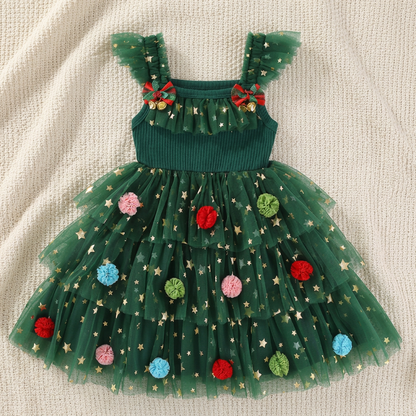 Girls’ Christmas Tutu Dress with Pom-Poms, Sequin Stars & Ruffled Sleeves