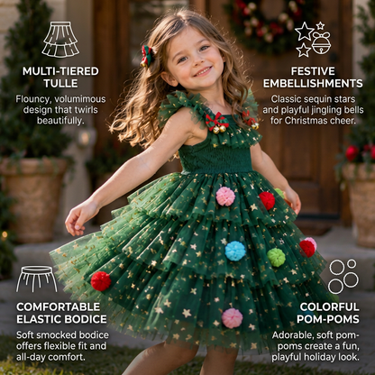 Girls’ Christmas Tutu Dress with Pom-Poms, Sequin Stars & Ruffled Sleeves