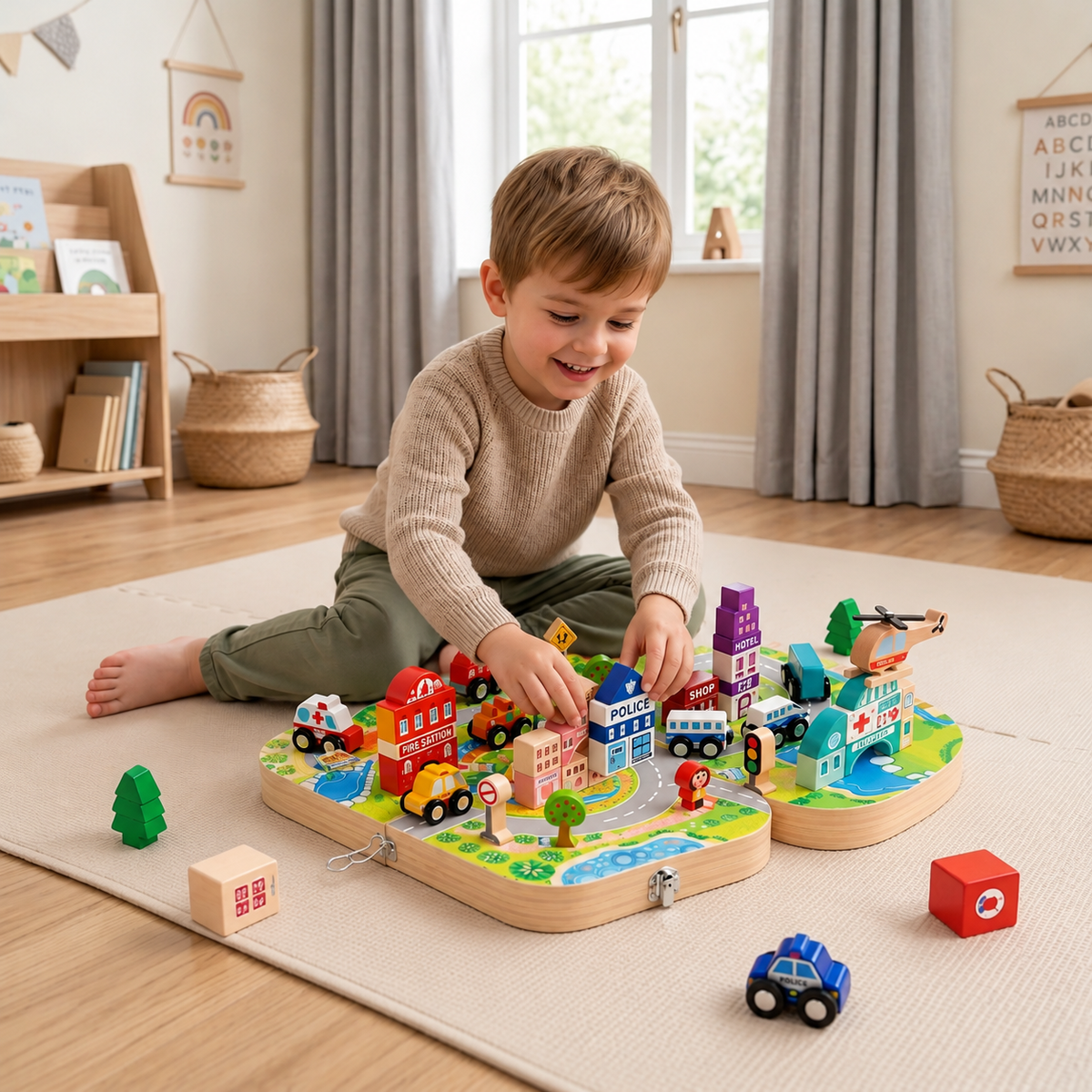Wooden City Building Blocks & Train Track Travel Set
