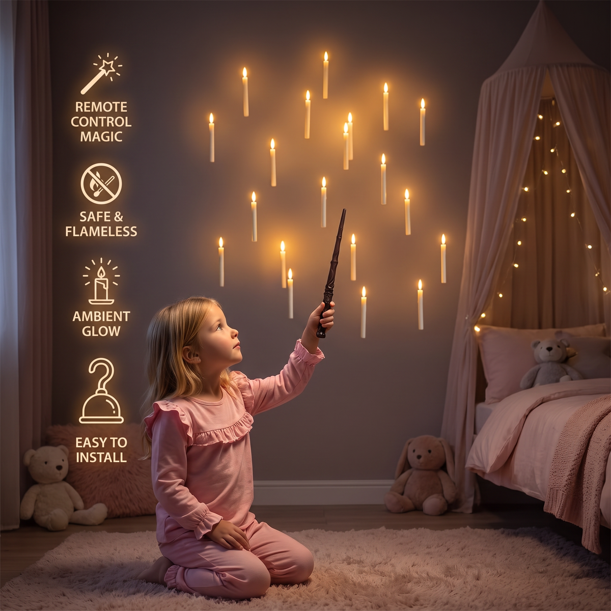 Magic Wand-Controlled Floating LED Candles with Hanging Hooks