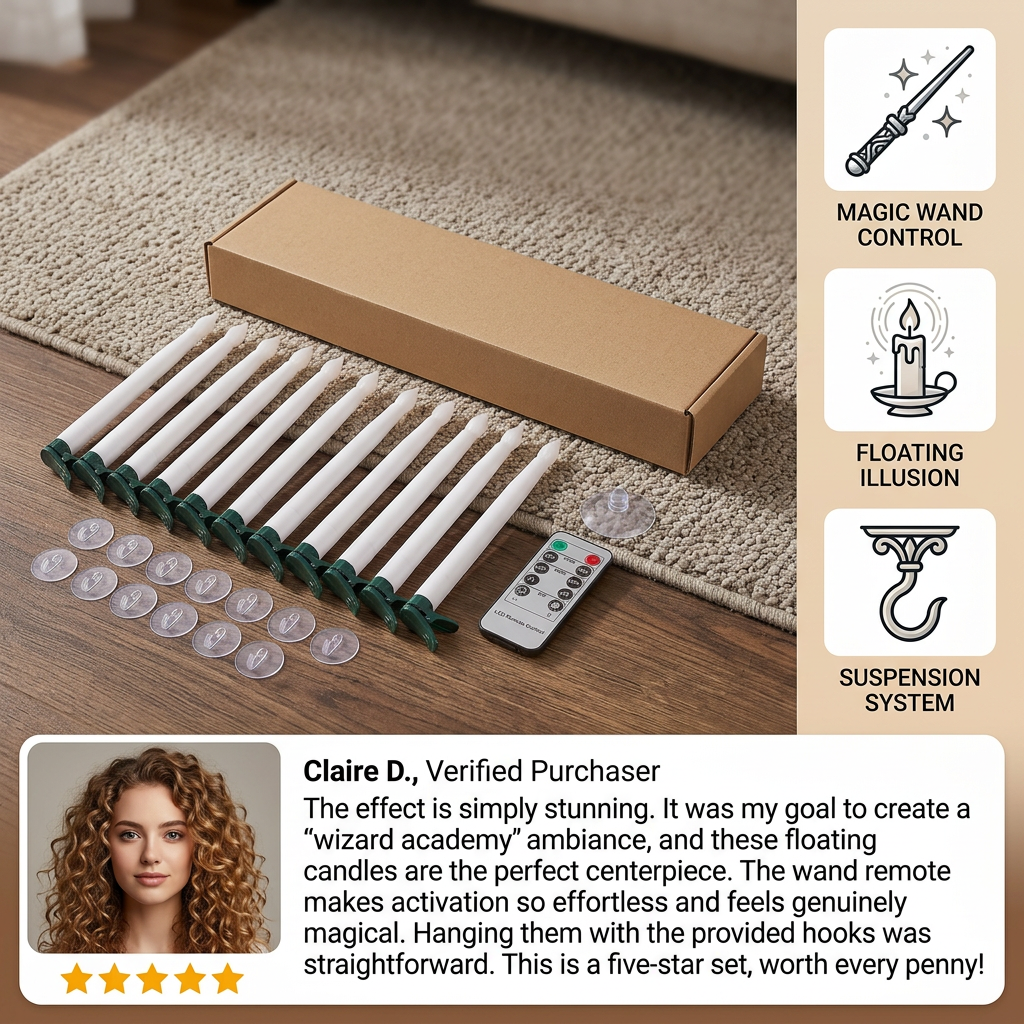 Magic Wand-Controlled Floating LED Candles with Hanging Hooks