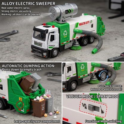 Die-Cast Street Sweeper Toy Truck with Vacuum Hose & Mist Spray