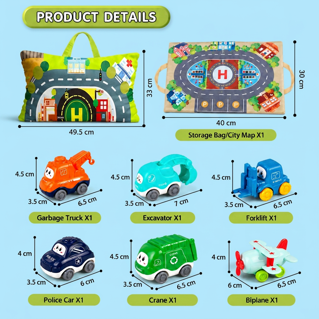 Toddler Toy Truck & Car Set with Play Mat Storage Bag