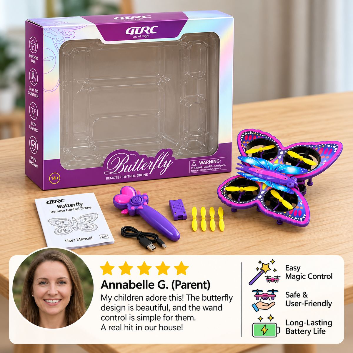 Magic Light-Up Butterfly Quadcopter Toy with Wand Control