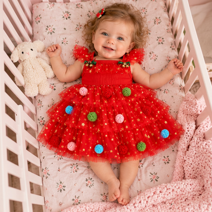 Girls’ Christmas Tutu Dress with Pom-Poms, Sequin Stars & Ruffled Sleeves