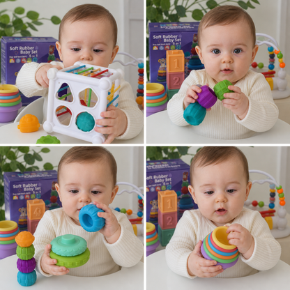 5-in-1 Montessori Soft Rubber Baby Sensory Play Set with Stacking & Sorting Toys – 26 Pieces