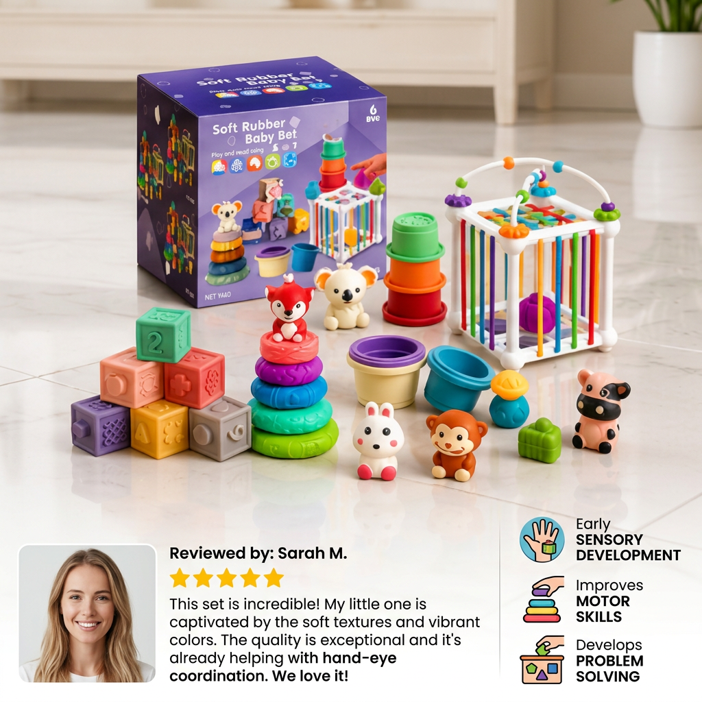 5-in-1 Montessori Soft Rubber Baby Sensory Play Set with Stacking & Sorting Toys – 26 Pieces