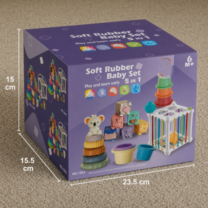 5-in-1 Montessori Soft Rubber Baby Sensory Play Set with Stacking & Sorting Toys – 26 Pieces