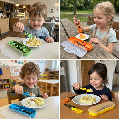 3-Piece Construction Vehicle Kids’ Utensil Set with Spoon, Fork & Travel Case
