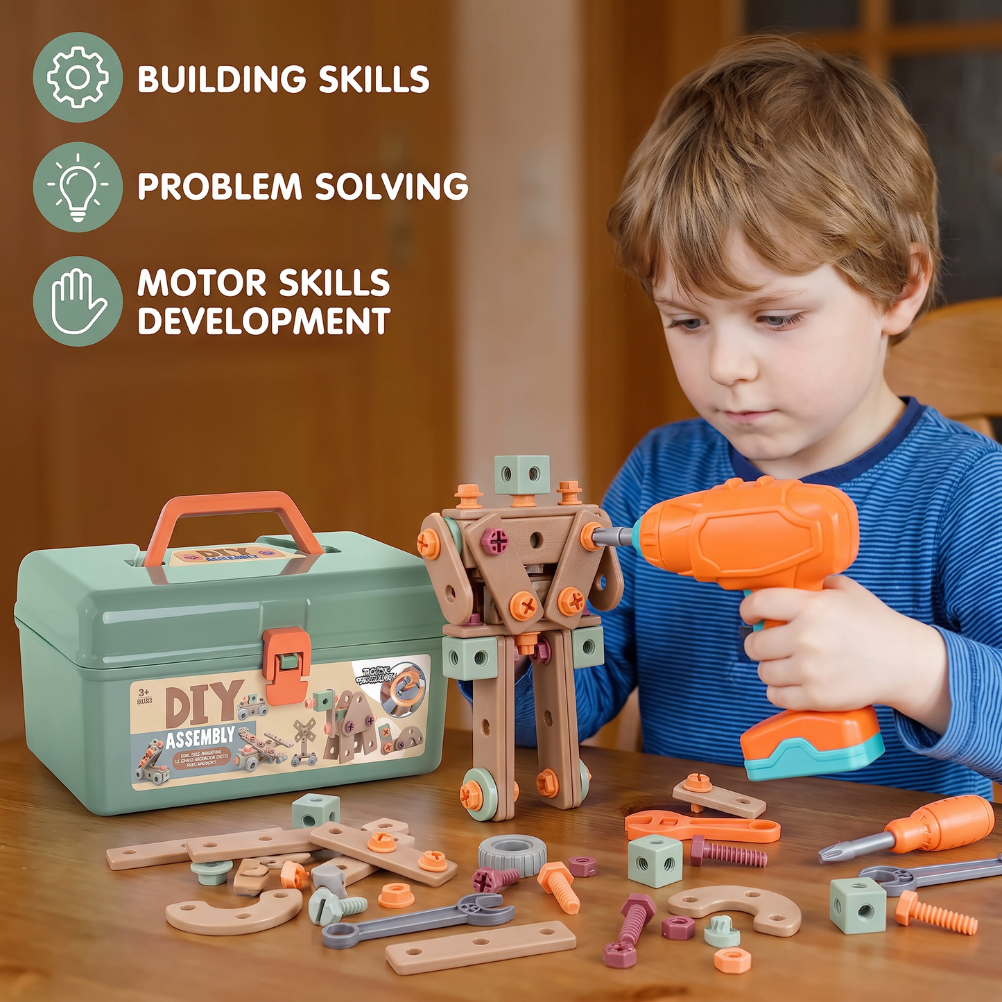 144-Piece Kids Tool Set with Drill & Toolbox – STEM Montessori Construction Kit